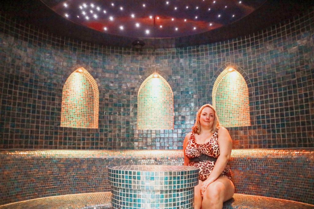 lucy in the steam room at  ye olde bell spa 