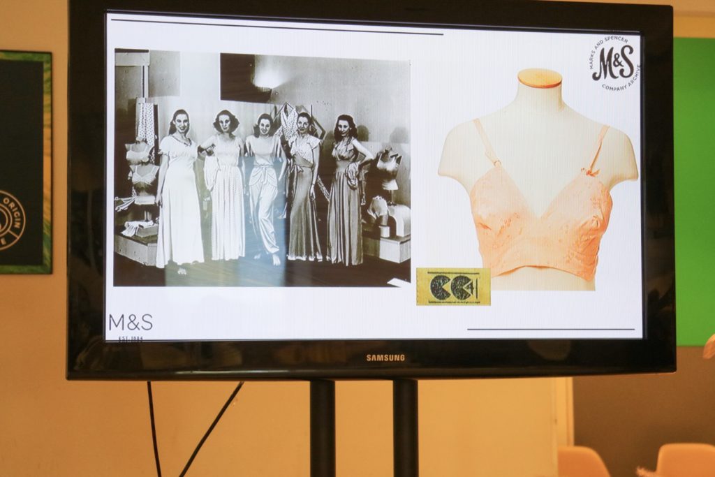 presentation with photos of the first bra and a black and white image of women in nightwear