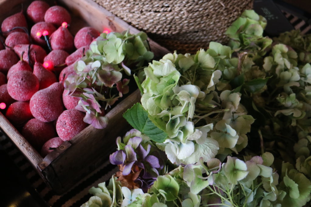 hydrangeas and some frosted faux pears for wreath making