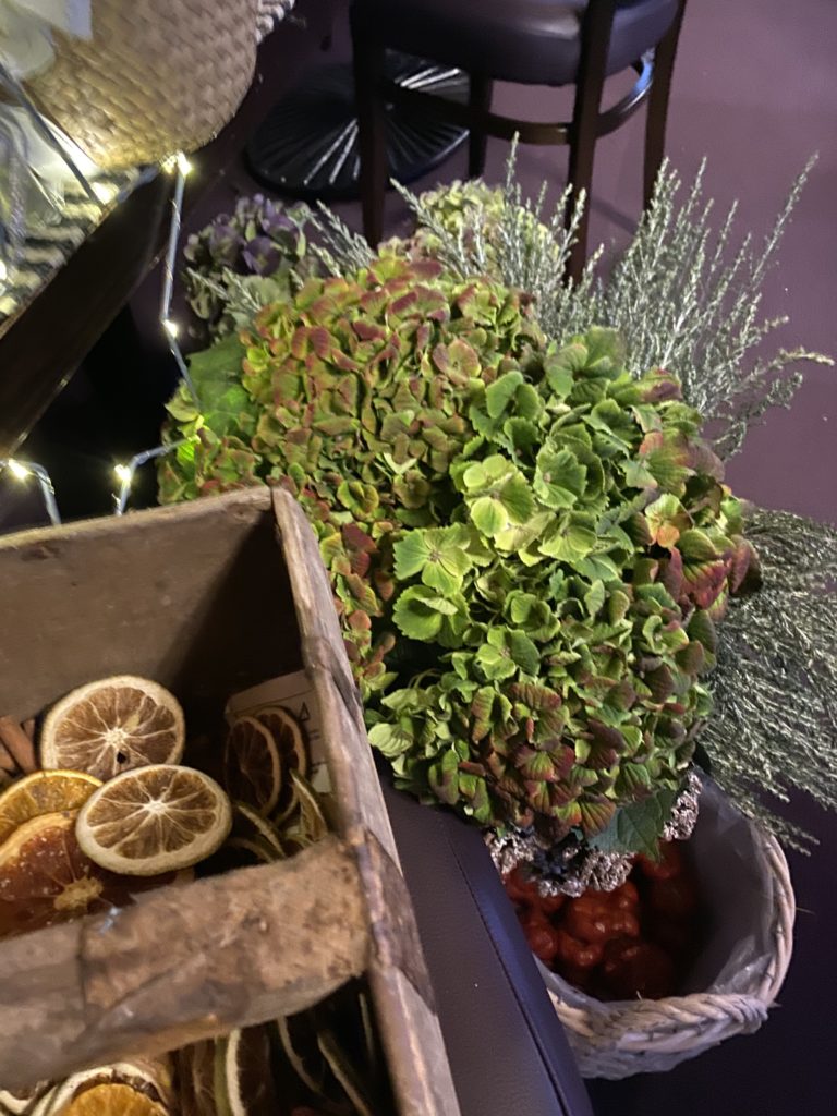 hydrangea and dried oranges and limes ready for wreath making