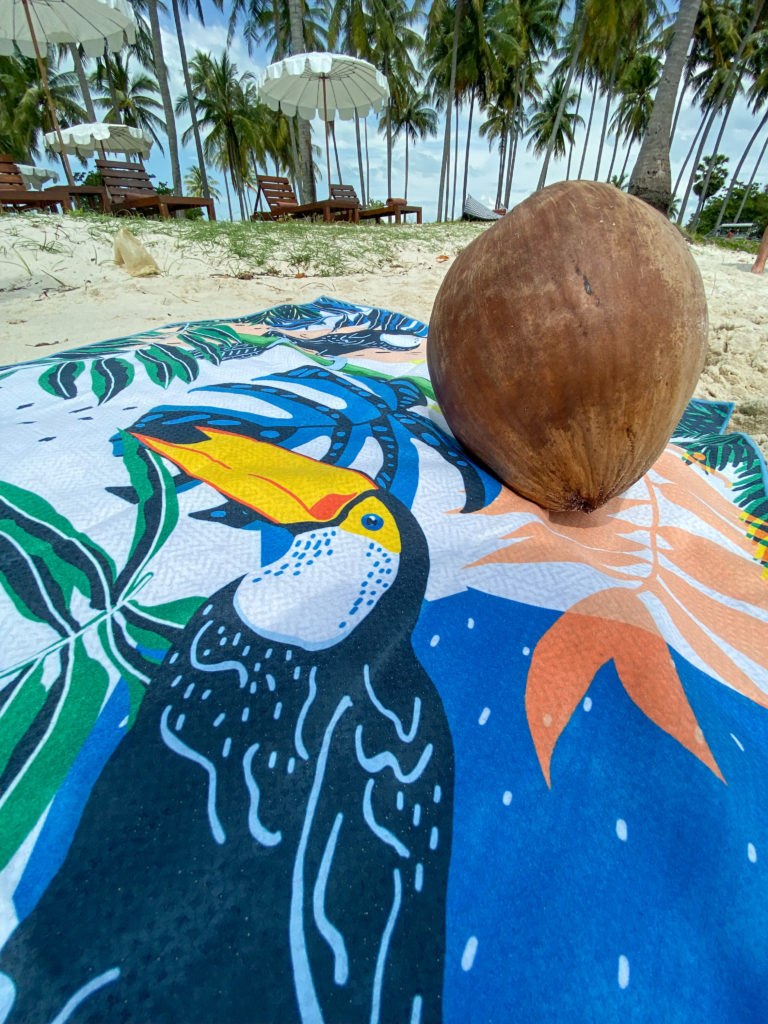 tesalate towel on the beach with a coconut on it